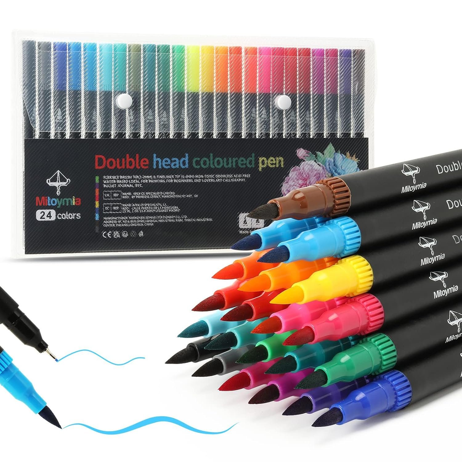 Mitoymia 24 Dual Tip Colouring pens,Colouring Books for Felt Tips for Adults and kids or children, coloured drawing brush pens art pens Set markers