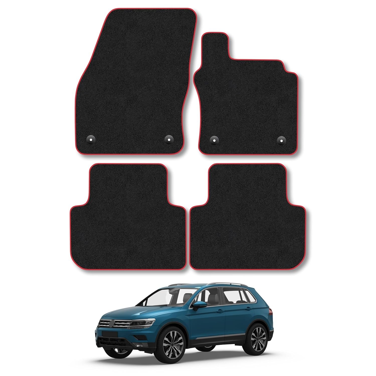 VW Tiguan (2016-2024) Car Mats Accessories Tailored Fit Carpet Floor Mats Non Slip Red Trim Accessory Compatible Front Rear Set Anti Slip Backing Custom Fit Hand-Finished Full Coverage Clips
