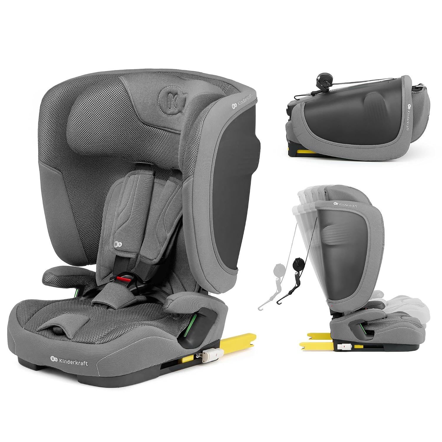 Kinderkraft FIX2GO car seat i-Size 76-150 cm (15M-12J), Foldable, Carrying Handle, ISOFIX+Top Tether, SAFERIDE Sensor, SPS+, H-Guard+, 5-Position Reclining, Air Flow, Washable Cover, Grey