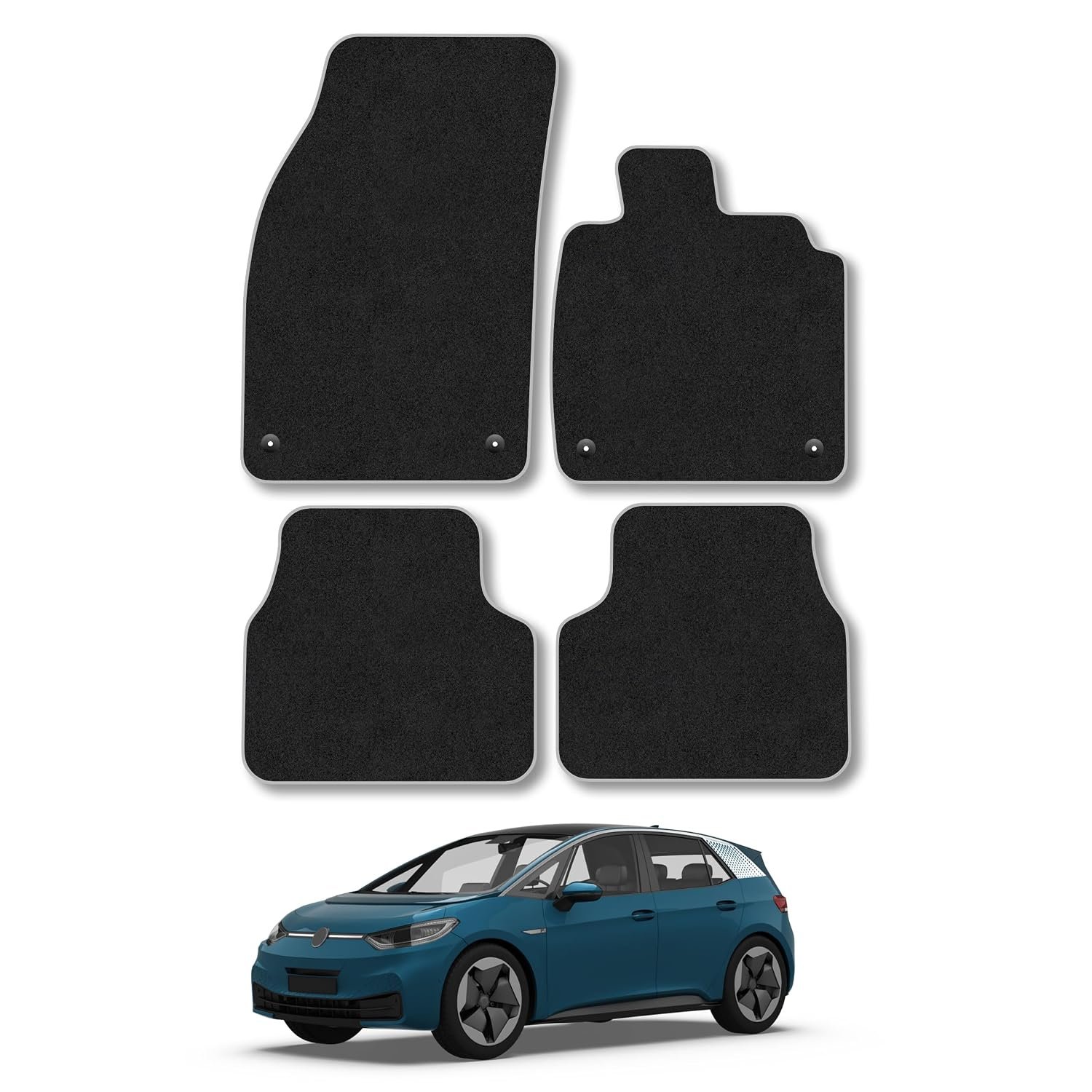 VW ID.3 (2019+) Car Mats Accessories Tailored Fit Carpet Floor Mats Non Slip Grey Trim Accessory Compatible Front Rear Set Anti Slip Full Coverage Granulated Backing Hand-Finished Clips