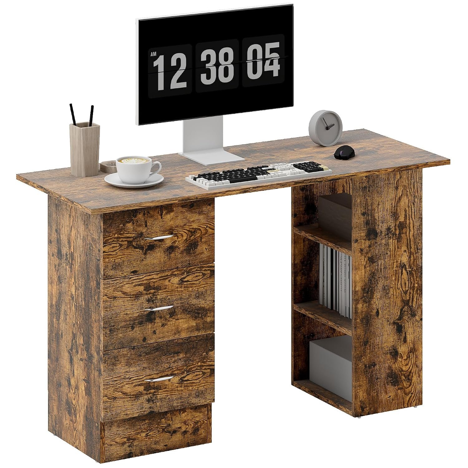 HOMCOM Computer Desk with Drawers, Home Office Desk, Writing Table, PC Workstation with 3 Storage Shelves for Working, Study, 120 x 49 x 72 cm, Rustic Brown