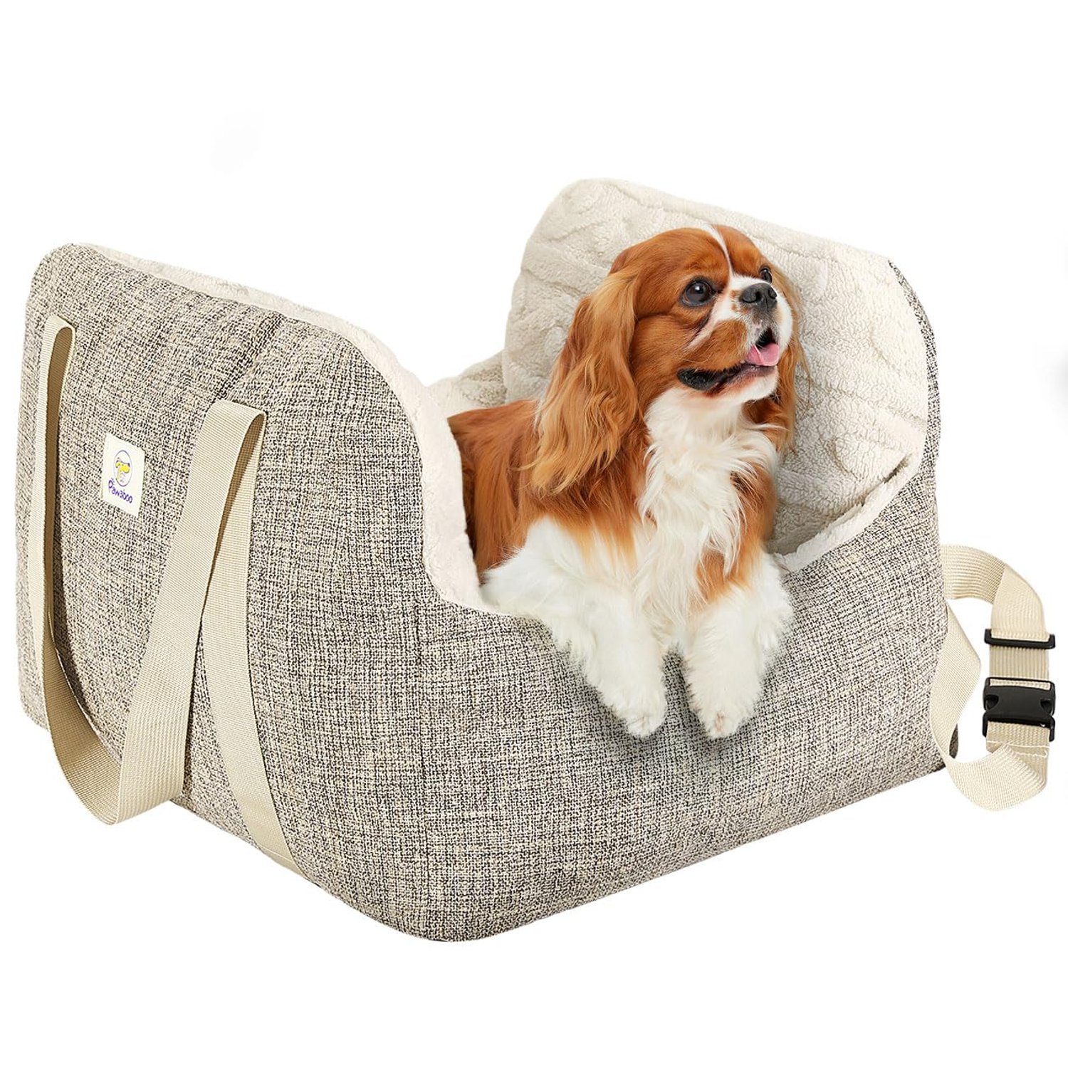 Pawaboo Small Dog Car Seat, Dog Booster Car Seat for Small Dogs, Puppy Seats for Cars with Fixed Buckle and Safety Leash, Thickened Dogs Bed Cars Seats, Pet Travel Carrier Bed Up to 25lbs, Brown+Beige