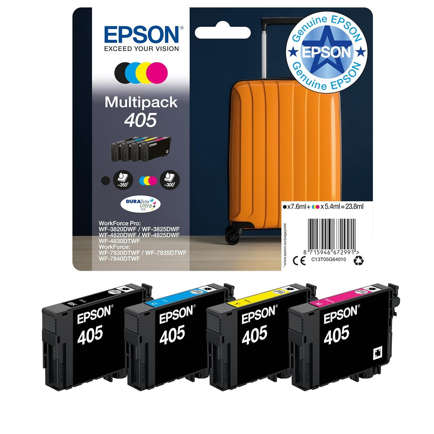 Epson 405 Suitcase Genuine Multipack, 4-colours Ink Cartridges, DURABrite Ultra Ink