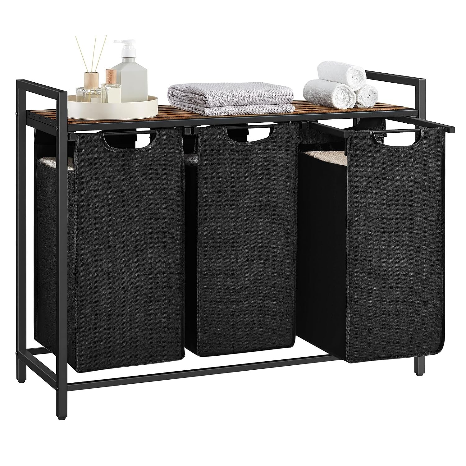 VASAGLE Laundry Basket, 3-Compartment Laundry Hamper, Pull-Out and Removable Liner Bags, Clothes Sorter, Shelf, Metal Frame, 3 x 40 L, 92.5 x 33 x 72 cm, Ink Black and Rustic Brown BLH301B01