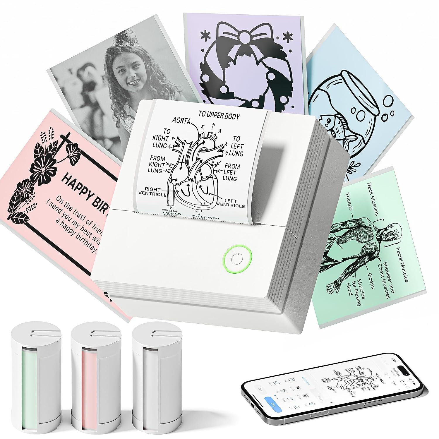 TYPONOS Sticker Printer, PM290 Mini Printer, Bluetooth Sticker Maker Machine with 3 Pack Rolls Paper, Smart AI APP, Mini thermal printer for Study Notes, DIY Gifts for School Office Home, White