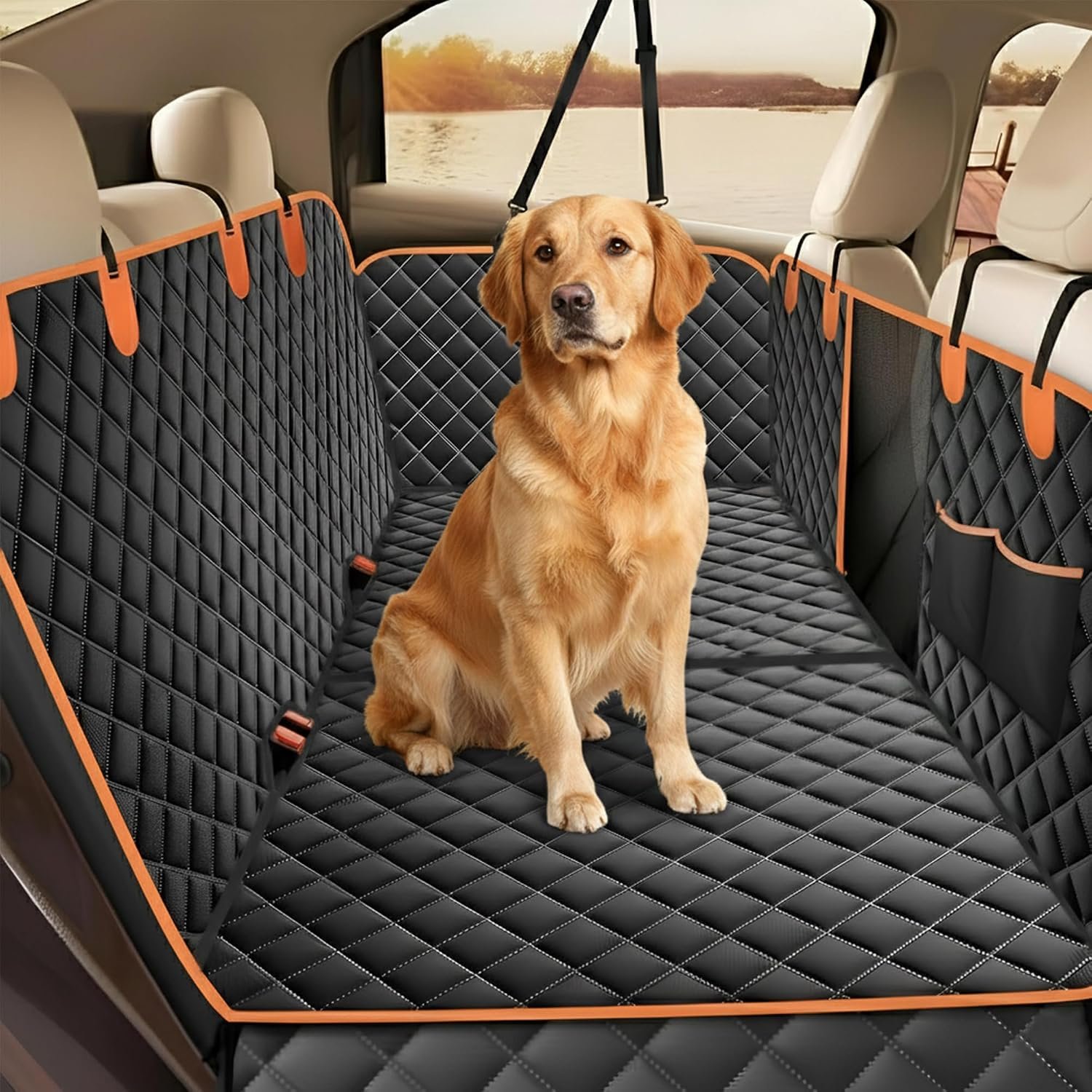SPRIGLY Dog Car Seat Cover for Back Seat, Waterproof Dog Hammock for Car with Side Protection & Mesh Window, Scratchproof Pet Seat Cover for Cars, Trucks & SUV – 135 x 148 cm, Black & Orange