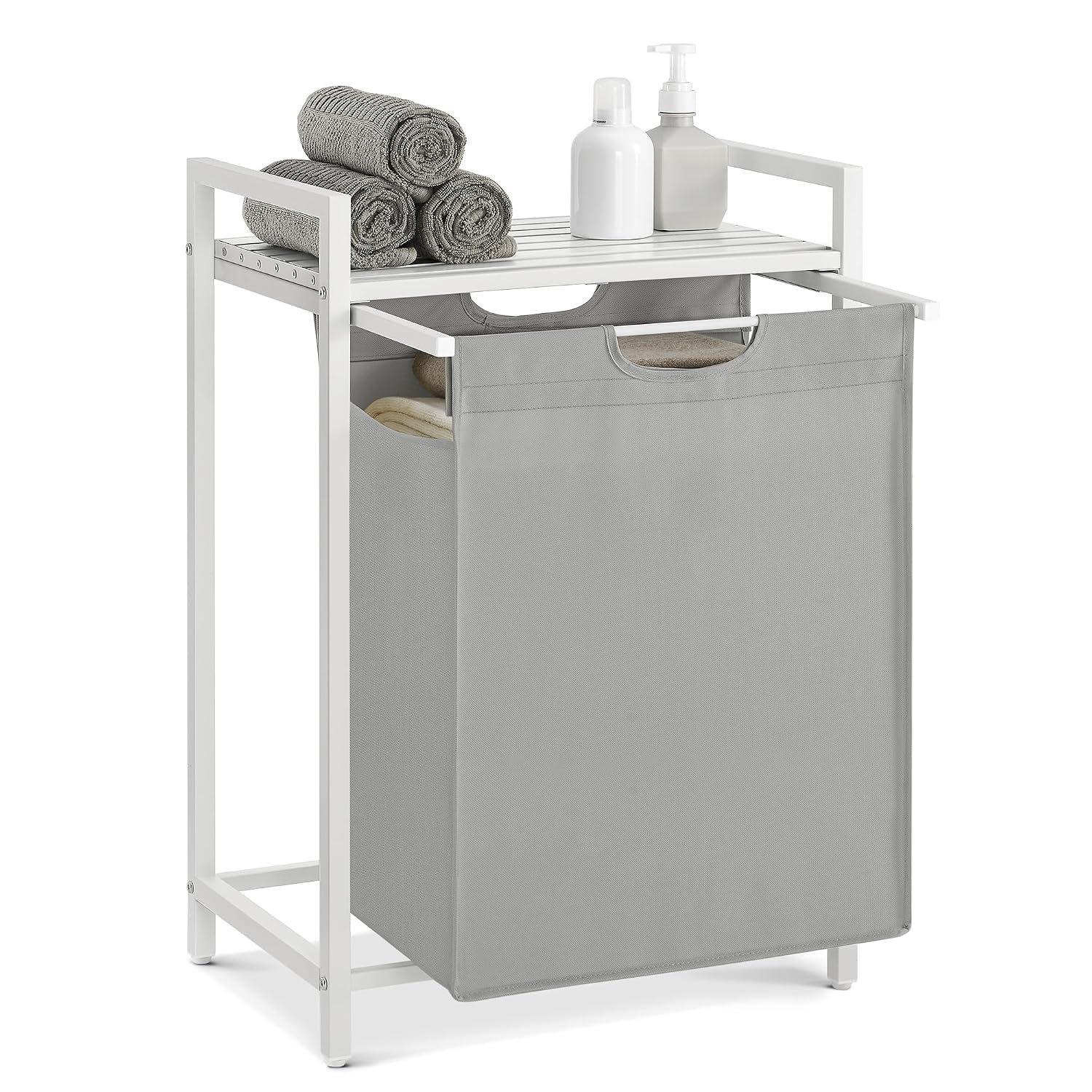 VASAGLE Laundry Basket, Laundry Hamper, Pull-Out and Removable Liner Bag, Shelf, Metal Frame, 65 L, 50 x 33 x 72 cm, Dove Grey and Matte White BLH101W03
