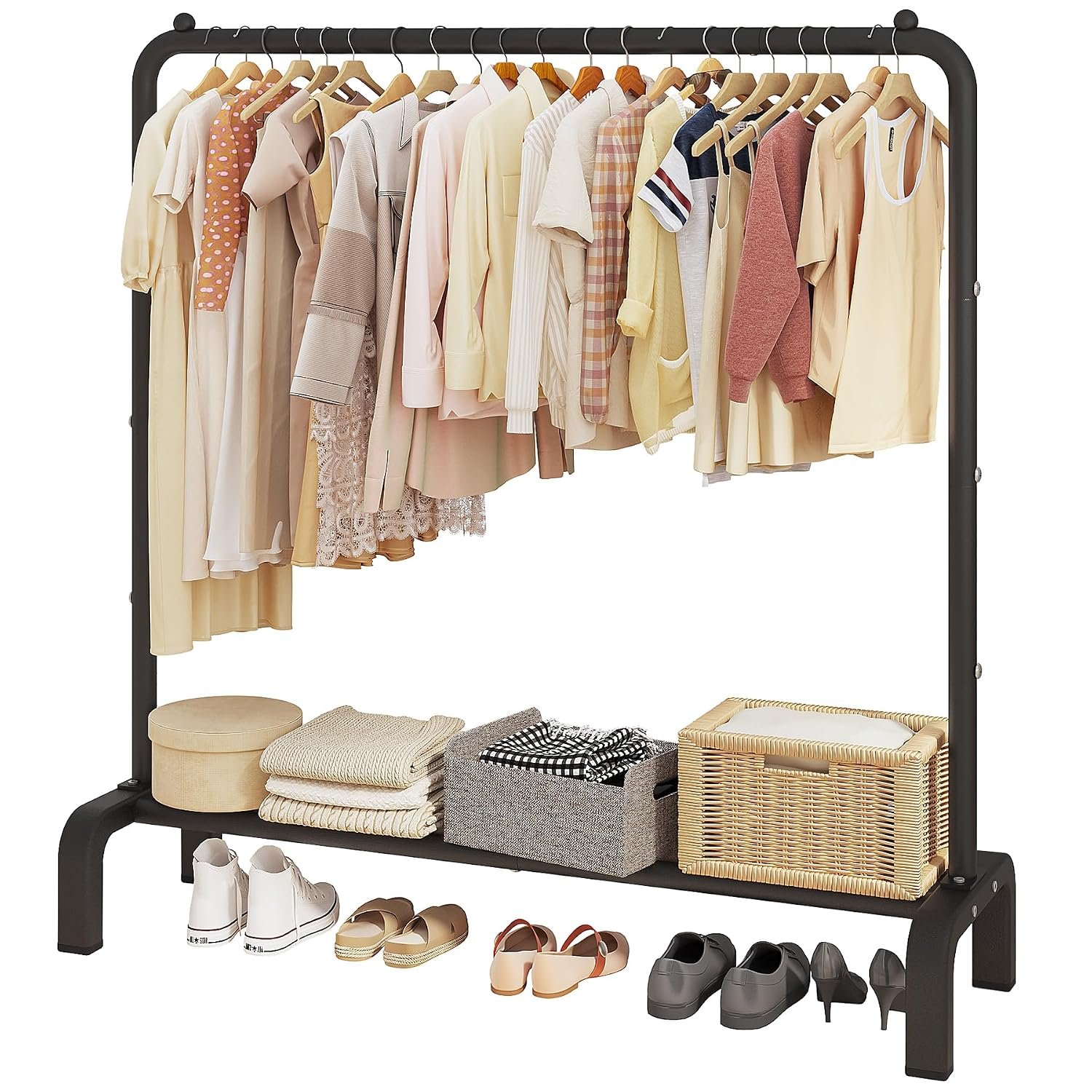 JIUYOTREE Clothing Garment Rack, 110 CM Metal Clothes Rail with Bottom Rack for Coats, Skirts, Shirts, Sweaters, Black