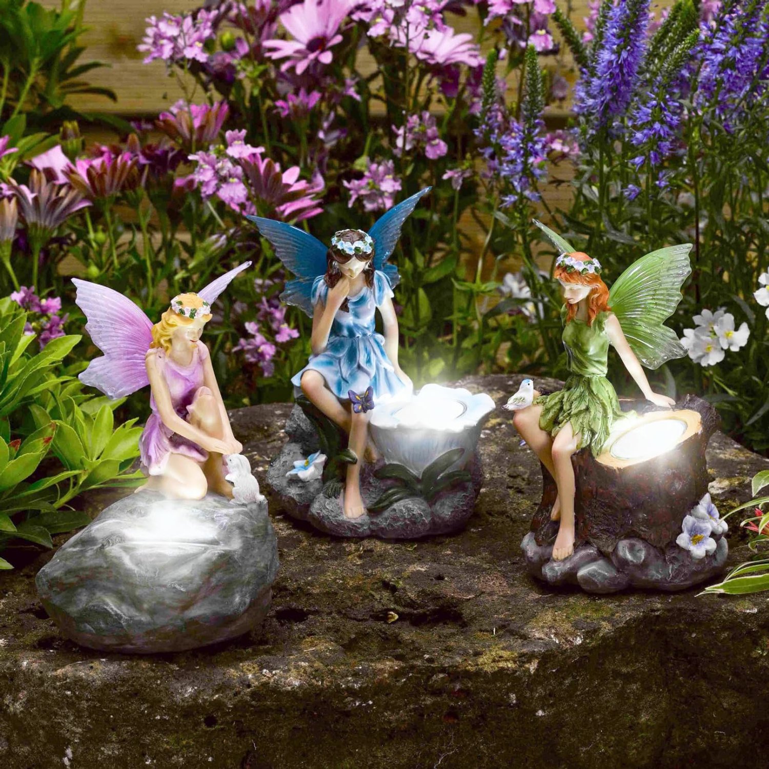 Garden Mile Solar Garden Fairy Ornament Lights Outdoor Set of 3 Fairy Statues with Solar Spotlights Decorative Waterproof White LED for Pathway Lawn Patio