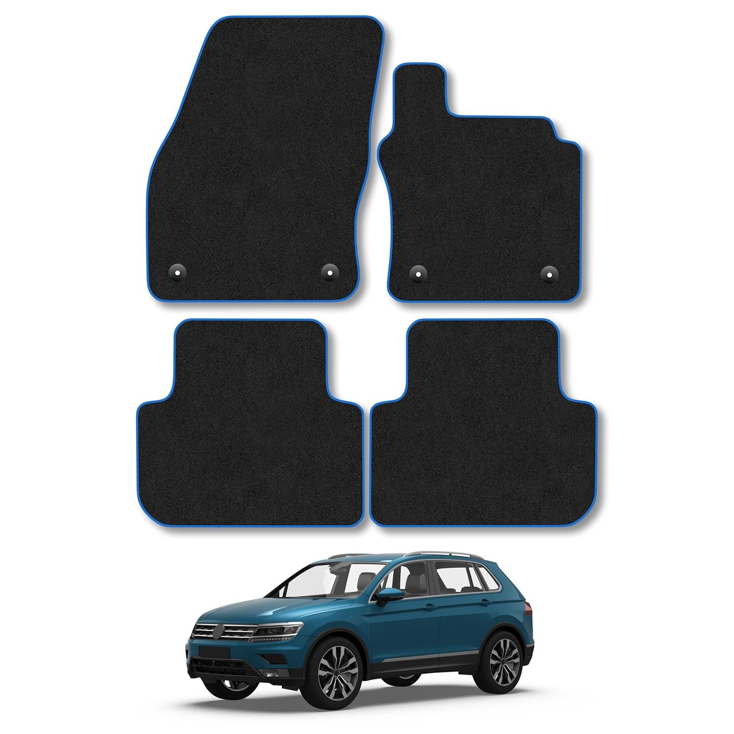 VW Tiguan (2016-2024) Car Mats Accessories Tailored Fit Carpet Floor Mats Non Slip Blue Trim Full Coverage Compatible Accessory Granulated Backing Front Rear Set Anti Slip Hand-Finished Clips