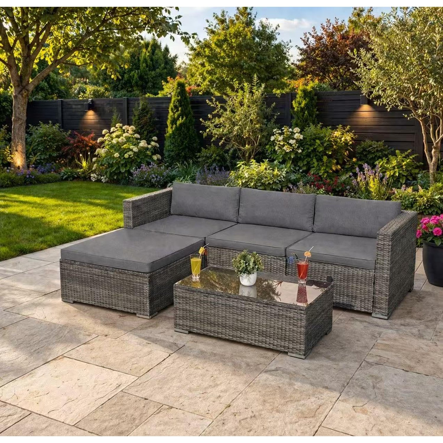 SANA SLEEP Garden Corner Sofa Rattan Furniture Set 5 Piece 3 Seater Patio Outdoor Lounge Settee with Glass Coffee Table All Weather Outdoor