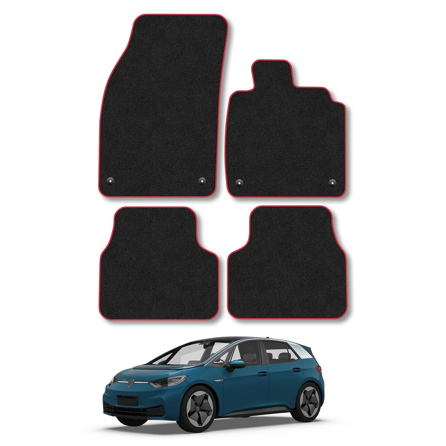 VW ID.3 (2019+) Car Mats Accessories Tailored Fit Carpet Floor Mats Non Slip Red Trim Accessory Compatible Front Rear Set Anti Slip Backing Custom Fit Hand-Finished Full Coverage Clips