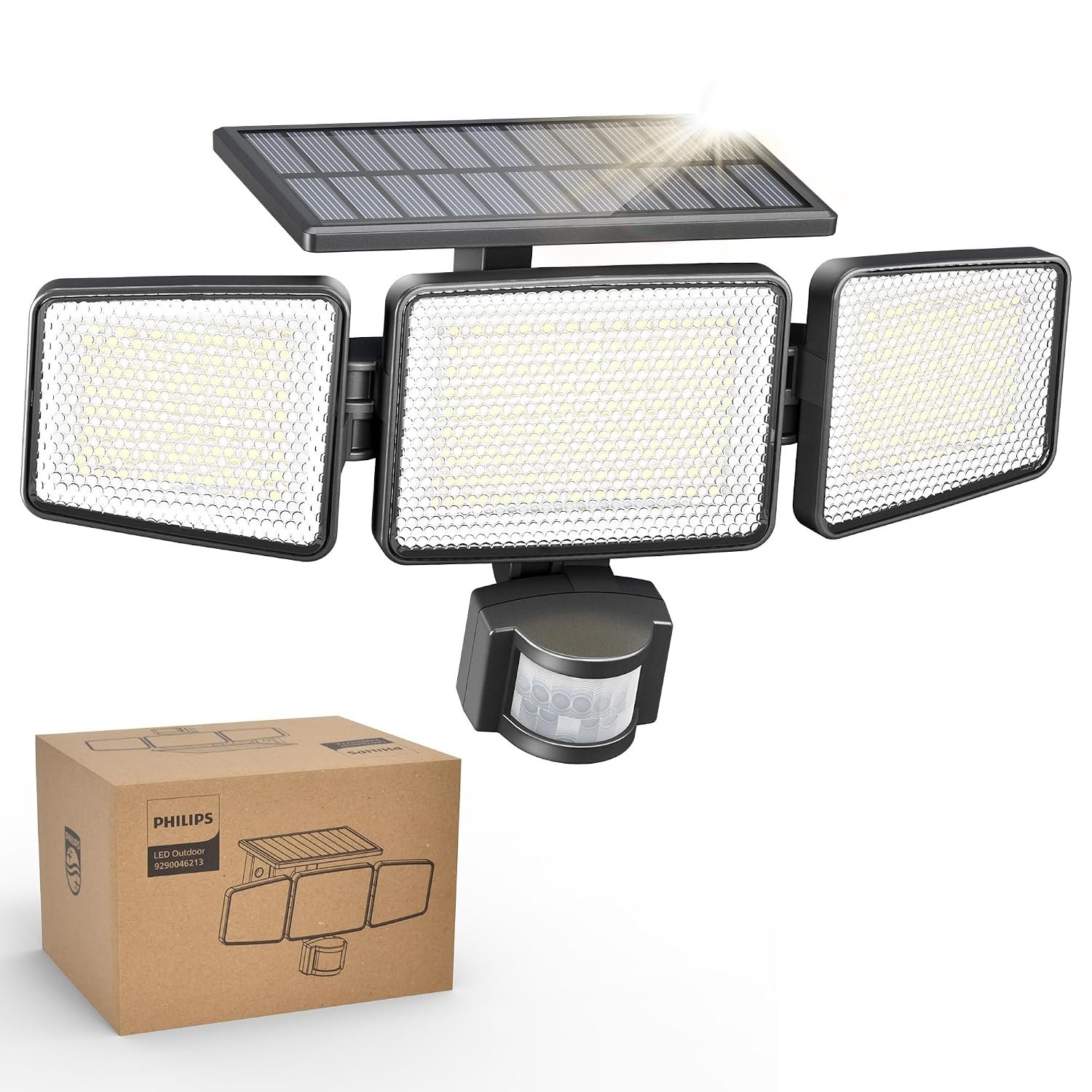 Philips Solar Security Light Outdoor Light 302 LEDs 1200lm, Solar-Powered Waterproof Wall-Mounted Flood Light w/PIR Motion Sensor, 3 Heads, IP65 Waterproof, 3 Modes (1)