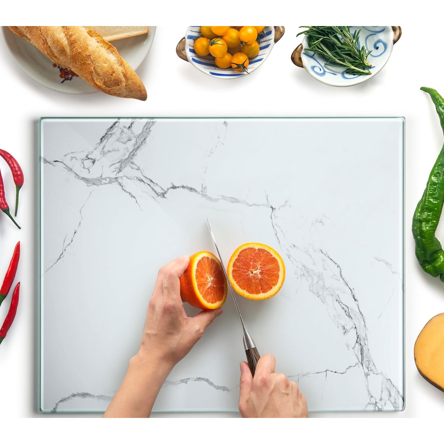 Kitchenville Glass Chopping Board 50x40 cm: Tempered Glass Worktop Savers for Kitchens, Durable, Scratch-Resistant, Heat-Proof - White Marble Effect