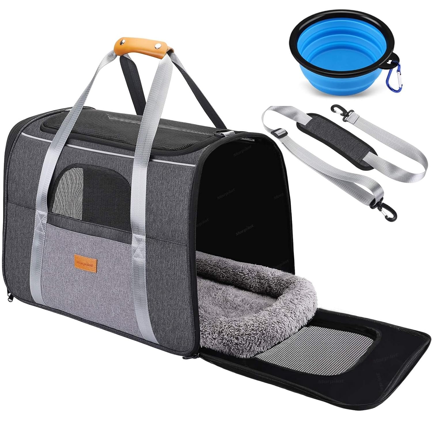 Morpilot Pet Carrier Bag, Portable Cat Carrier Bag Top Opening with Breathable Mesh, Foldable Pet Transport Bag for Dogs and Cats up to 9kg, with Shoulder Strap and Bowl