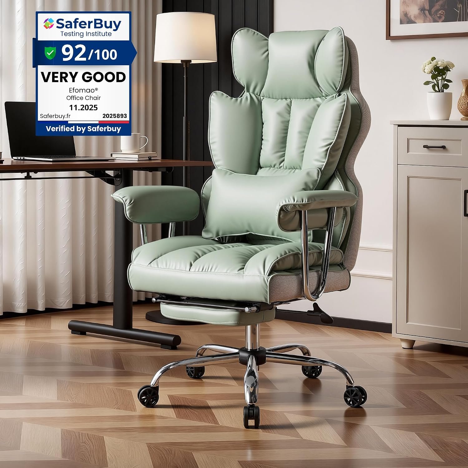Efomao Desk Office Chair, Big and Tall PU Leather Ergonomic Office Chair, 200KG Adjustable High Back Computer Chair,Executive Swivel Chair with Footrest and Lumbar Support, Light Green