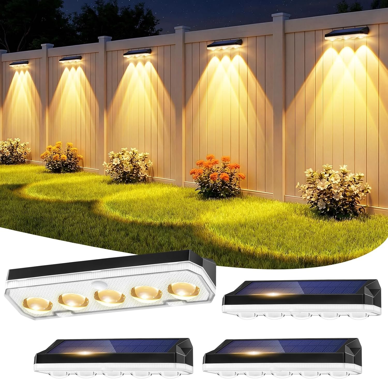 Wonkelly Solar Fence Lights Outdoor, 4 Pack Solar Lights Outdoor Garden Warm White/Cool White& RGB 8 Colors, 5 Lens 40 Lighting Modes, IP65 Waterproof, Outside Wall Light for Garage, Yard, Pathway