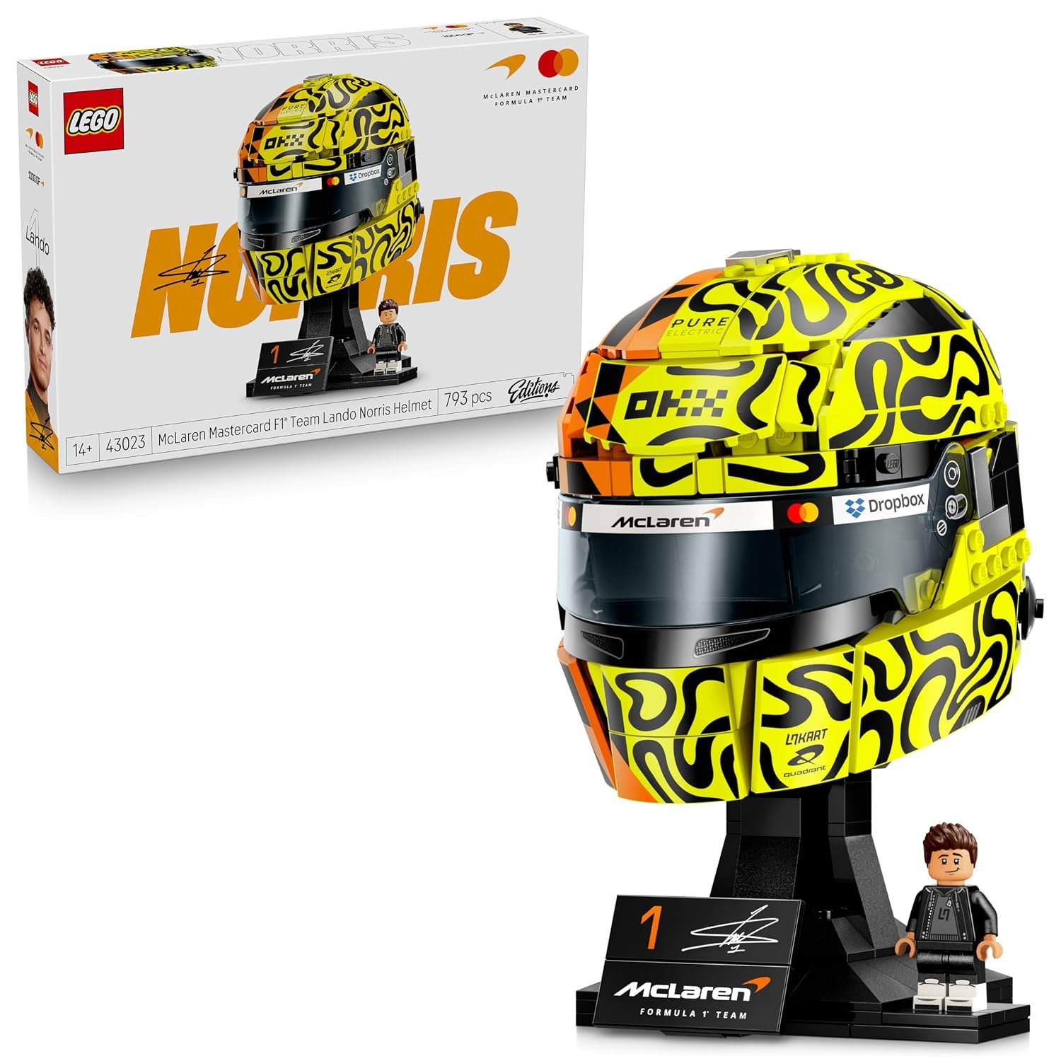 LEGO Editions McLaren Mastercard F1 Team Lando Norris Helmet - F1 Merchandise - Display Model Kit w/Collectible Minifigure - Gift for 14+ Year Old Boys & Adult Motorsport Fans - 43023