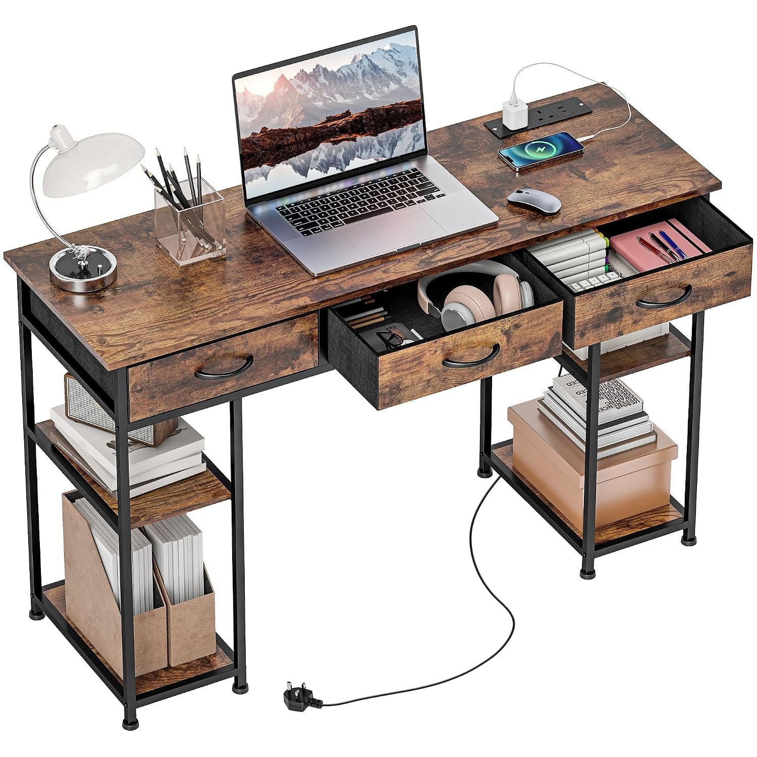 HOMCOM Computer Desk with Power Outlets, 120cm Home Office Desk with 3 Fabric Drawers and 4 Storage Shelves, Study Table Workstation for Bedroom, Rustic Brown