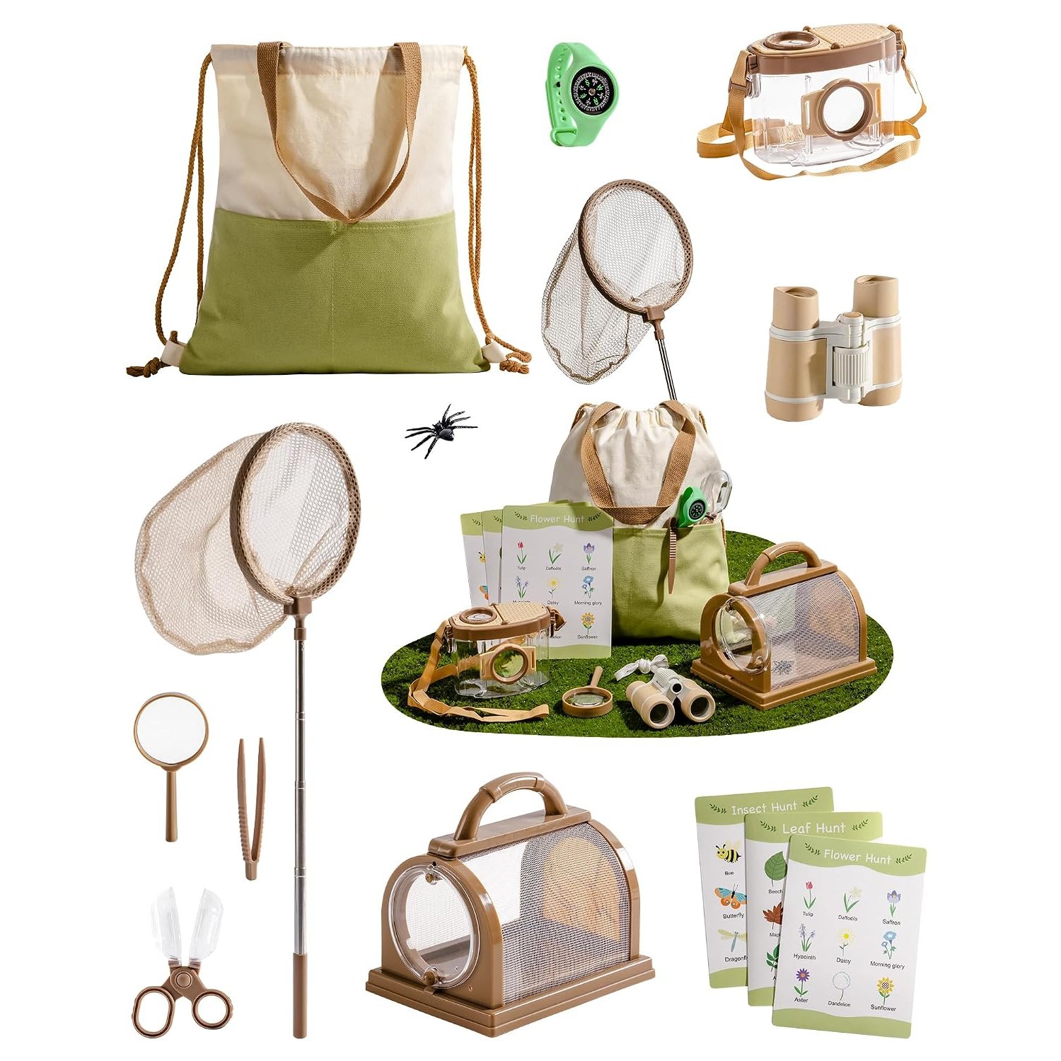 ROBOTIME Explorer Kit & Bug Catcher Kit, 12-in-1 Outdoor Adventure Set, Bug Collection with Kids Binoculars, Butterfly Net, Insect Box, Magnifying Glass & Compass Watch, Gift for Toddlers 3-12 (Green)