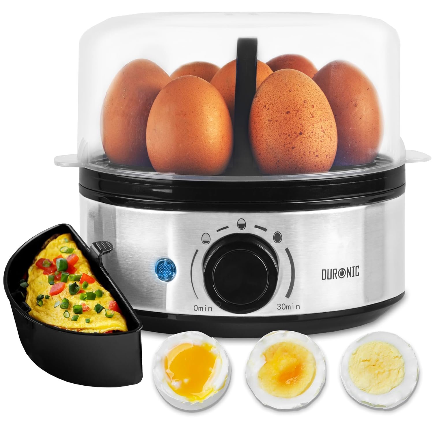 Duronic Electric Egg Boiler EB50 Egg Cooker 400W Omelette Maker for 7 Eggs with Poacher Tray Auto Shut Off 3 Cooking Modes Soft Medium Hard Boiled Eggs Steamer for Breakfast Meals