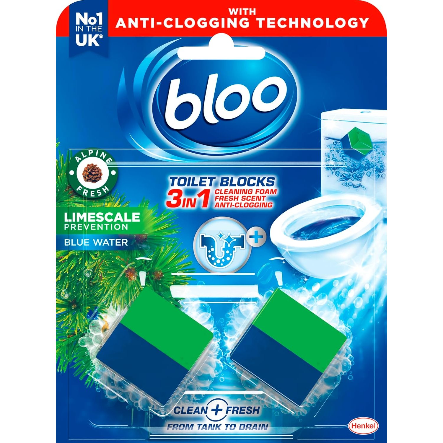 Bloo New 3in1 Toilet Blocks, Pack of 2, Toilet Limescale Remover Cistern Block, Toilet Cleaner Block with Cleaning and Foaming Action, Toilet Fresheners - Limescale Prevention