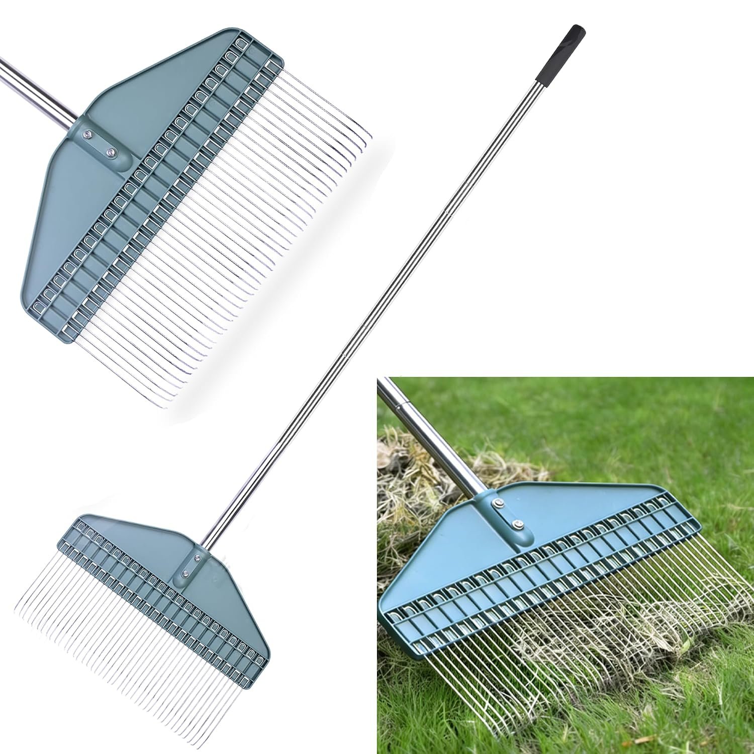 YEELOR Leaf Rake & Thatch Rake—66-Inch Adjustable Stainless Steel Handle, Heavy-Duty Design for Gardens, Lawns, and Farms. Ideal for Cleaning Up Dead Grass, Fallen Leaves, and Animal Bedding