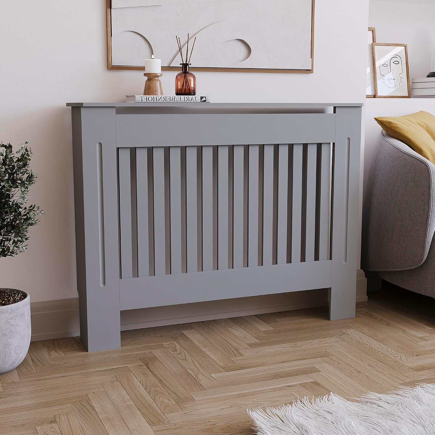 Vida Designs Chelsea Radiator Cover Olive Grey - Medium - Modern Vertical Slat Design For Optimal Heat Circulation - H82xW111xD19cm - Painted MDF Cabinet Ideal For Living Room & Hallway
