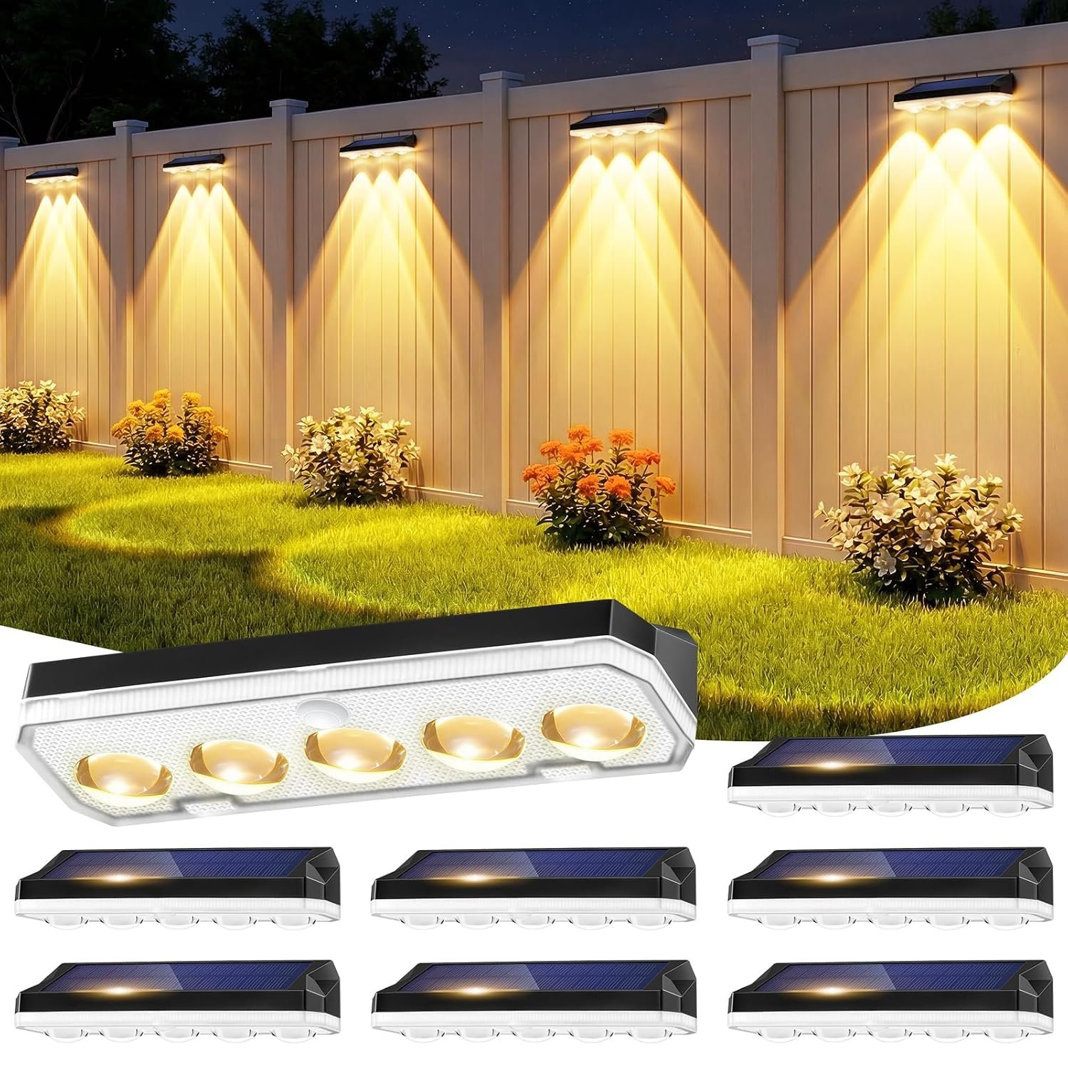 Wonkelly Solar Fence Lights Outdoor, 8 Pack Solar Lights Outdoor Garden Warm White/Cool White& RGB 8 Colors, 5 Lens 40 Lighting Modes, IP65 Waterproof, Outside Wall Light for Garage, Yard, Pathway