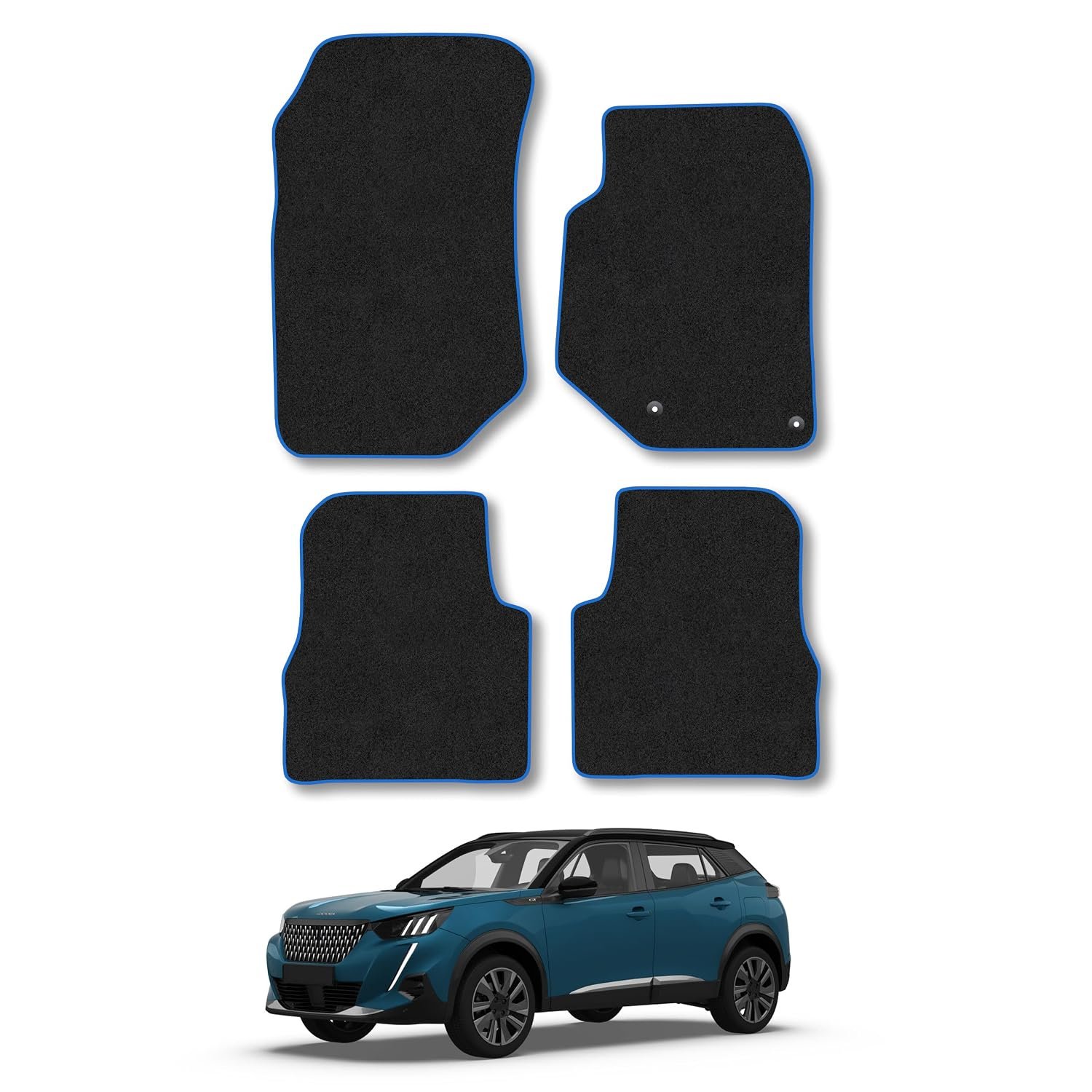 Peugeot 2008 (2020+) [NOT EV] Car Mats Accessories Tailored Fit Carpet Floor Mats Non Slip Blue Trim Full Coverage Compatible Accessory Granulated Backing Front Rear Set Anti Slip Hand-Finished Clips