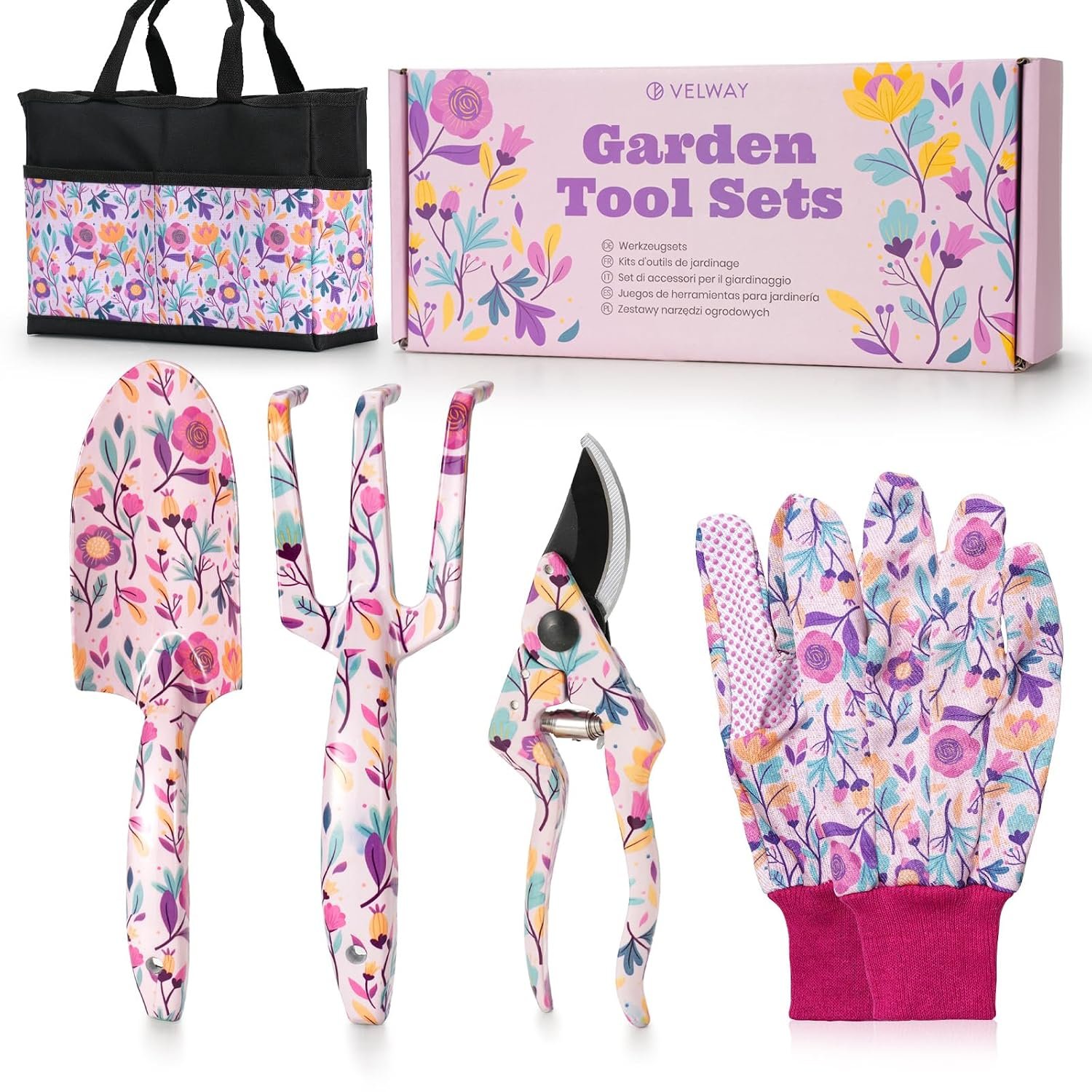 Velway 5-Piece Gardening Tools Set - Mum's Gift with Bags & Gloves, Floral Print Metal Garden Tools Ideal for Ladies, Mothers Day, Christmas, Birthday