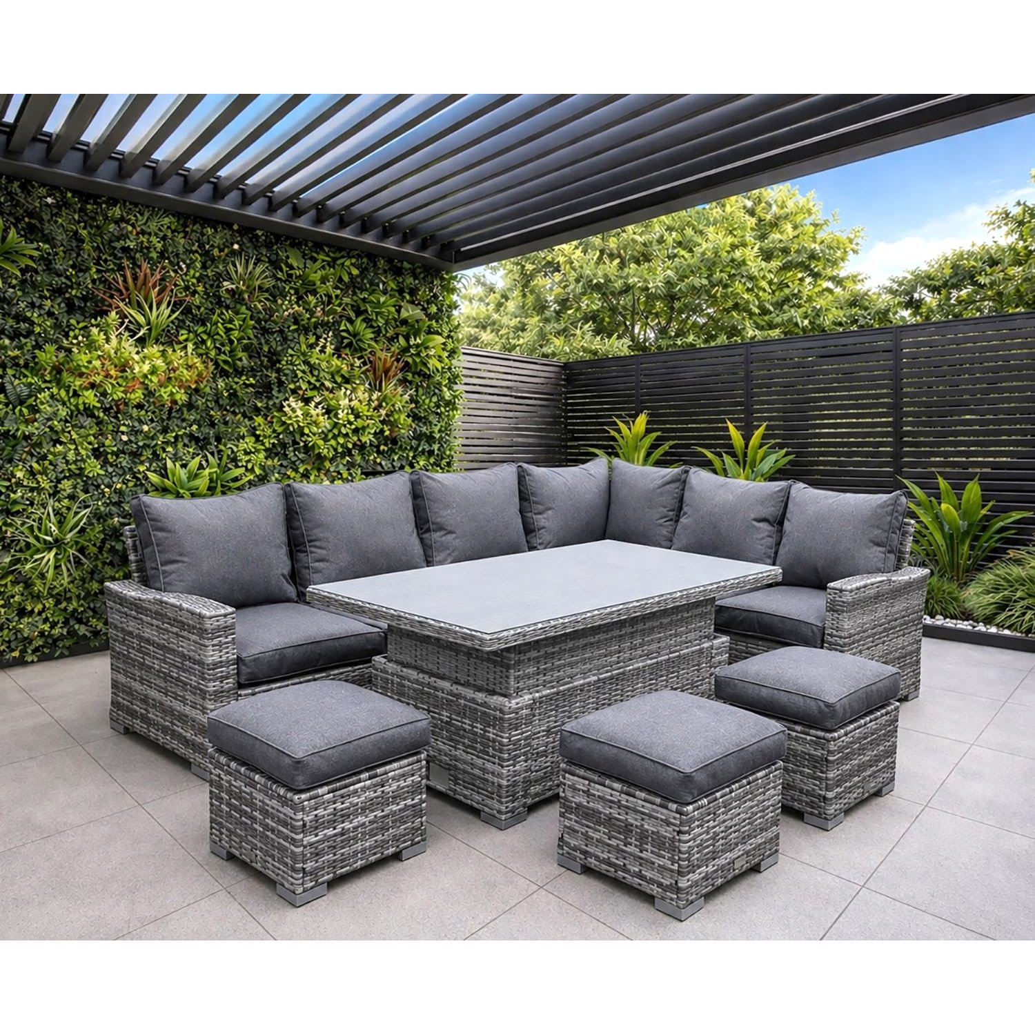 9 Seater Rattan Garden Furniture Set with Rising Table - Left or Right Hand Outdoor Furniture Rattan Corner Sofa Garden Patio Sets - FREE COVER INCLUDED (Dark Grey, Left/Right Hand Configurable)