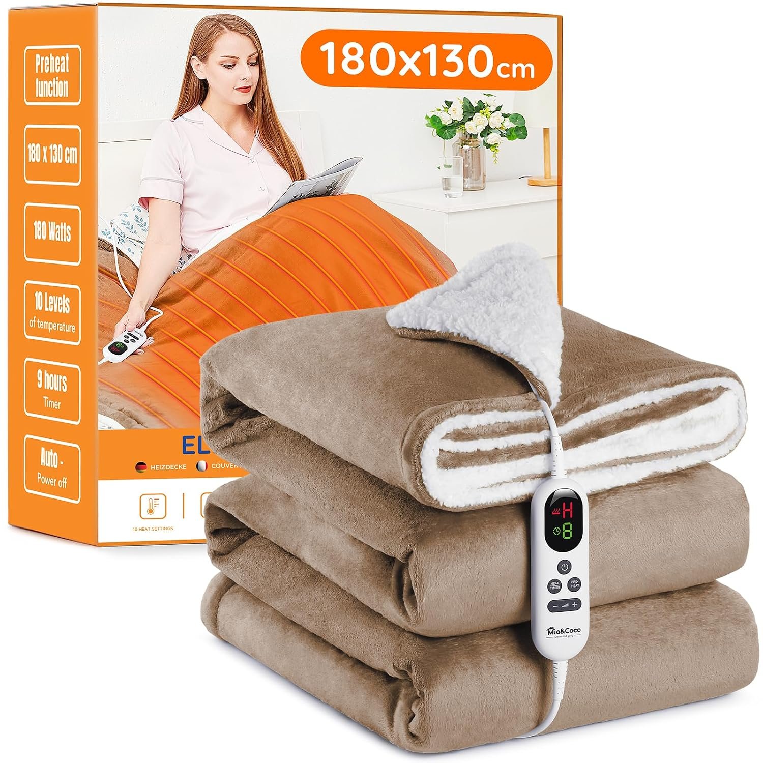 Mia&Coco Electric Heated Blanket Throw Flannel Sherpa Fast Heating 180x130cm, 10 Heat Levels & Up-to-9-Hours Auto-Off Timer & LED Display, for Home Office Use, Machine Washable, ETL Certified, Khaki