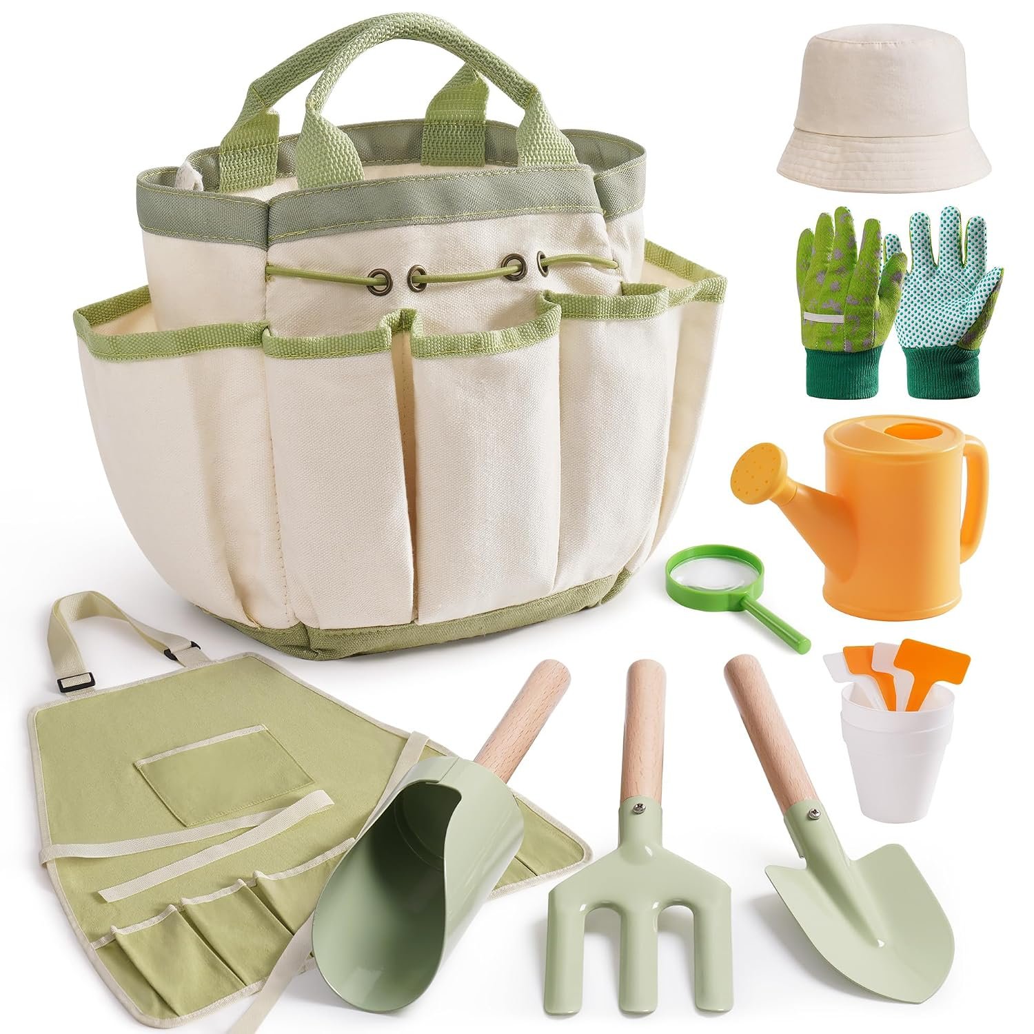 ROBOTIME Kids Gardening Tool Set, 18PC Garden Tools Kit for Toddler with Watering Can, Gloves, Apron & Hats, Tool Bag & Metal Set, Outdoor Backyard Digging Gift for Boys Girls Aged 3+ (Green)