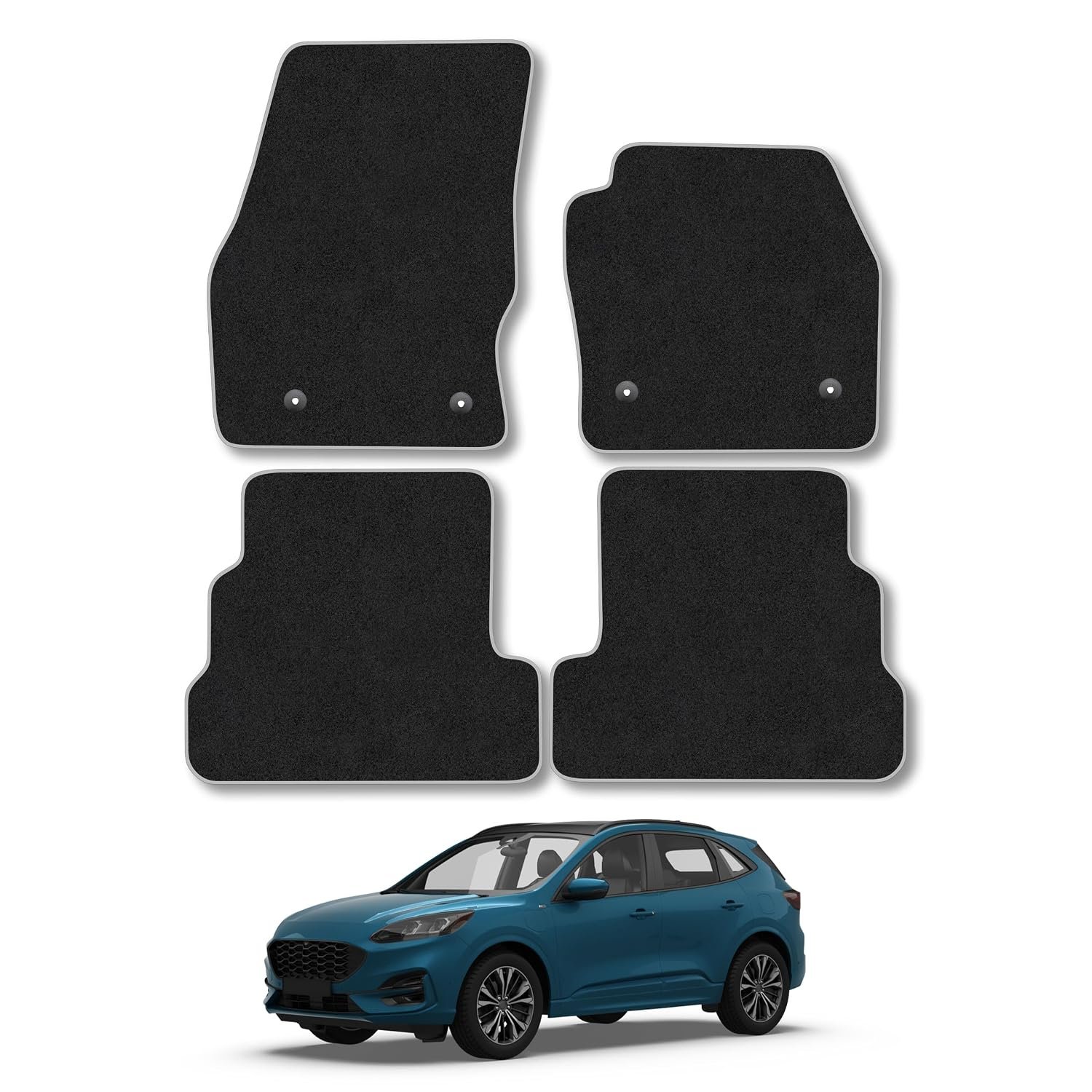Ford Kuga (2015-2020) Car Mats Accessories Tailored Fit Carpet Floor Mats Non Slip Grey Trim Accessory Compatible Front Rear Set Anti Slip Full Coverage Granulated Backing Hand-Finished Clips