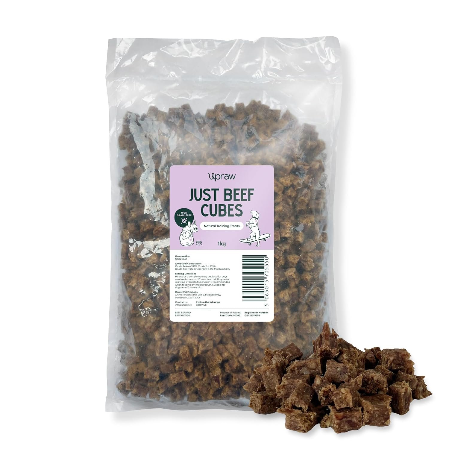 UPRAW Natural Dog Training Treats in bulk, 1kg 100% Pure Meat Training Cubes - Natural Hypoallergenic - Grain Free - No additives or Preservatives. (1kg, Beef)