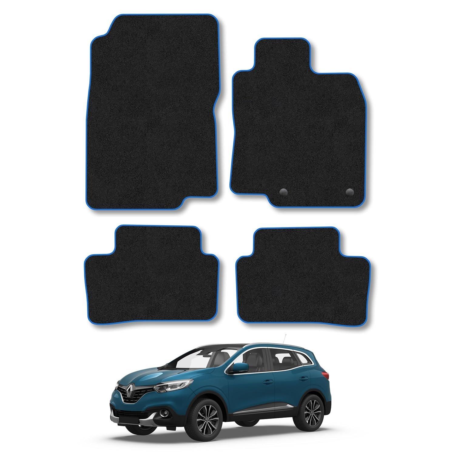 Renault Kadjar (2015-2022) Car Mats Accessories Tailored Fit Carpet Floor Mats Non Slip Blue Trim Full Coverage Compatible Accessory Granulated Backing Front Rear Set Anti Slip Hand-Finished Clips