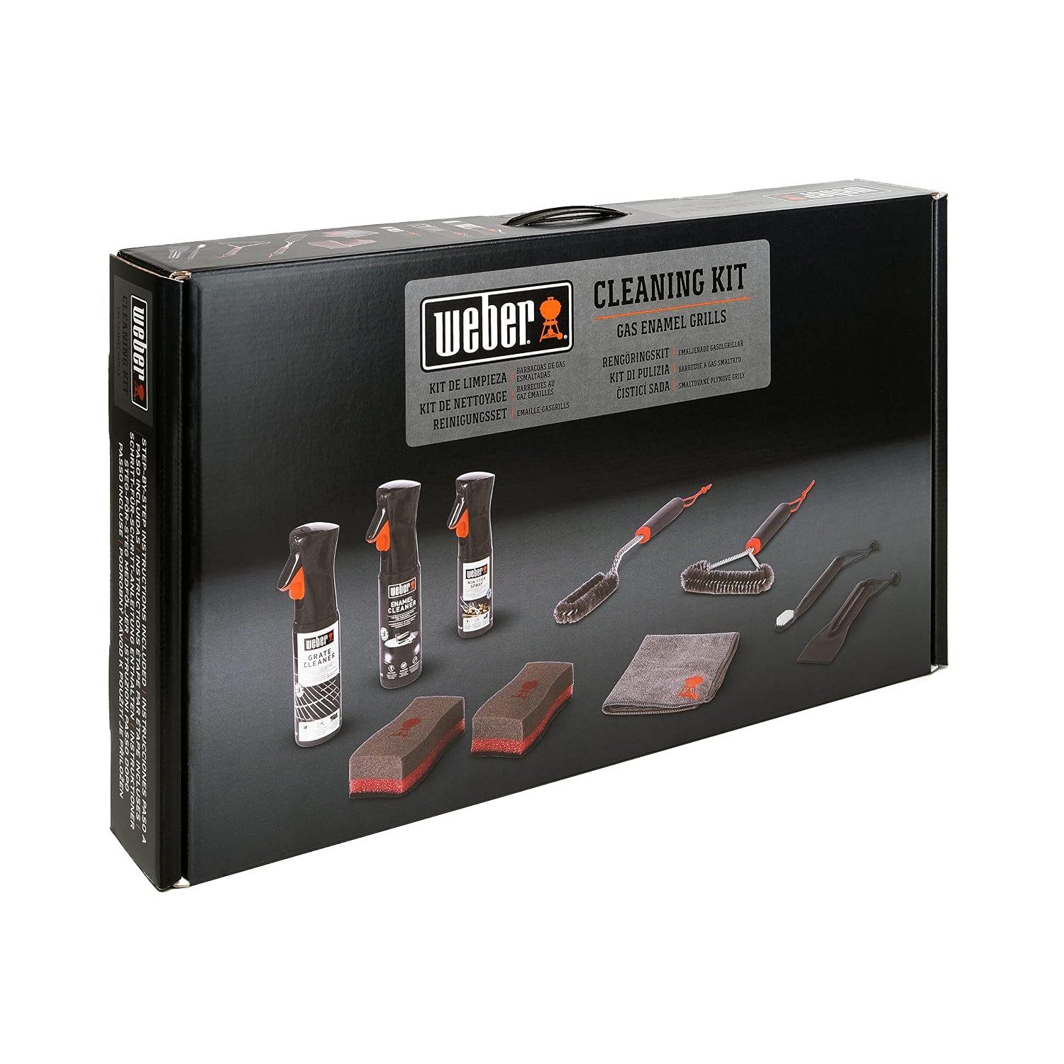Weber Cleaning Kit for Enamel Gas Barbecues/Includes Grate Cleaner (300 ml), Enamel Cleaner (300 ml), Non-Stick Spray (200 ml), 3 BBQ Brushes, Scraper, Microfibre Cloth & 2 Sponges