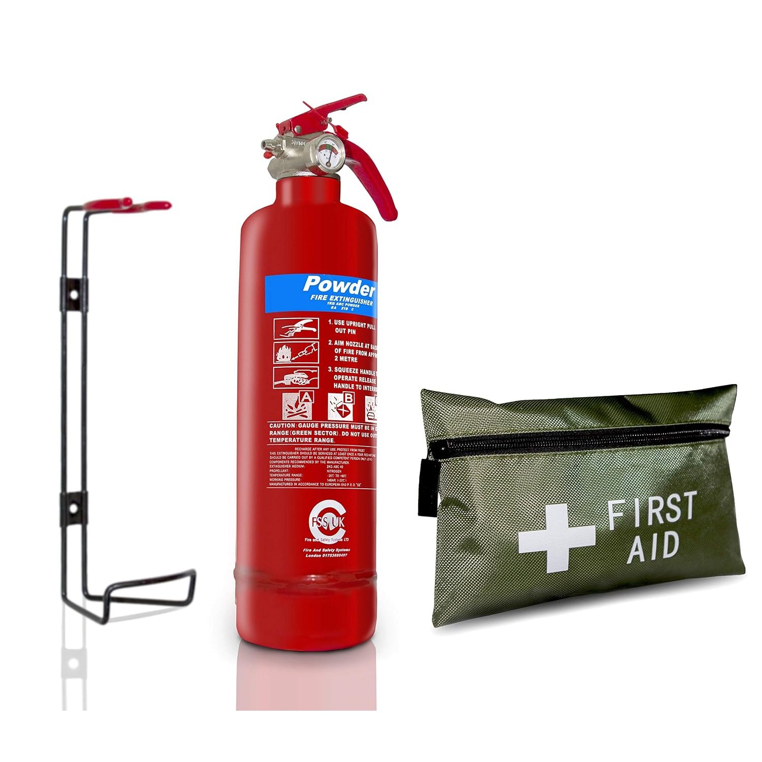 FSS UK 1 KG ABC Dry Powder FIRE Extinguisher with 5 Year Warranty & 1ST AID KIT Ideal CAR Home Travel CARAVANS Trucks FIRE Extinguisher with First AID KIT. British Standard KITEMARK