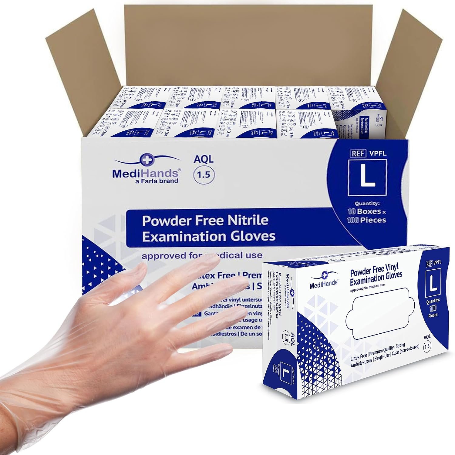 Farla Medical MediHands Vinyl Clear Gloves, Box of 1000 - Disposable Vinyl Gloves Large - Powder Free, Latex Free, & Protein Free Clear Gloves - Multi-Purpose, Single Use