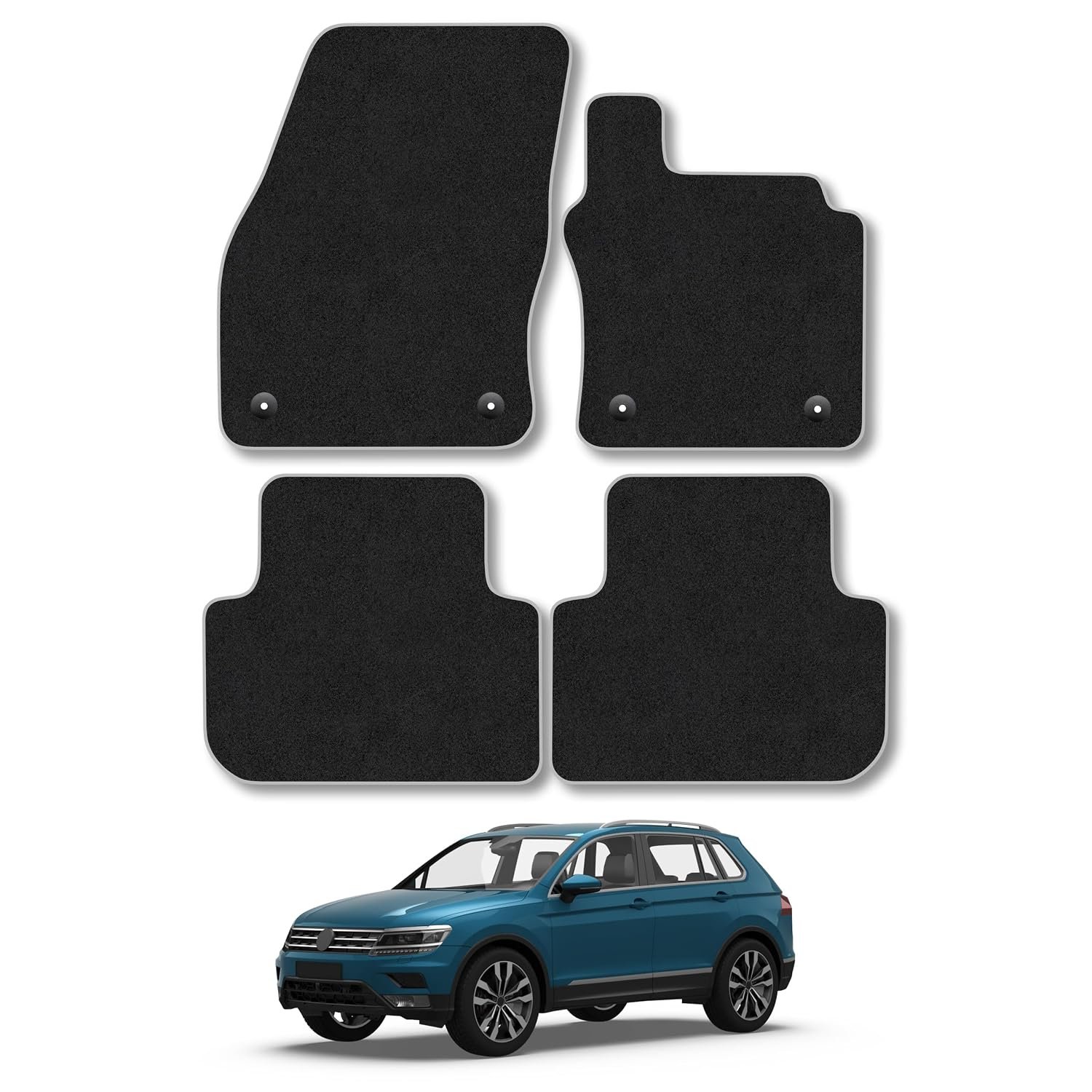 VW Tiguan (2016-2024) Car Mats Accessories Tailored Fit Carpet Floor Mats Non Slip Grey Trim Accessory Compatible Front Rear Set Anti Slip Full Coverage Granulated Backing Hand-Finished Clips