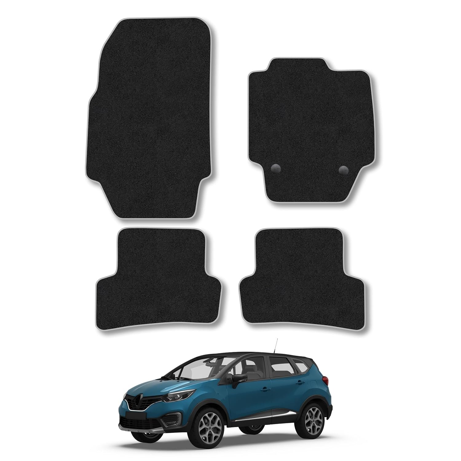 Renault Captur (2013-2020) Car Mats Accessories Tailored Fit Carpet Floor Mats Non Slip Grey Trim Accessory Compatible Front Rear Set Anti Slip Full Coverage Granulated Backing Hand-Finished Clips