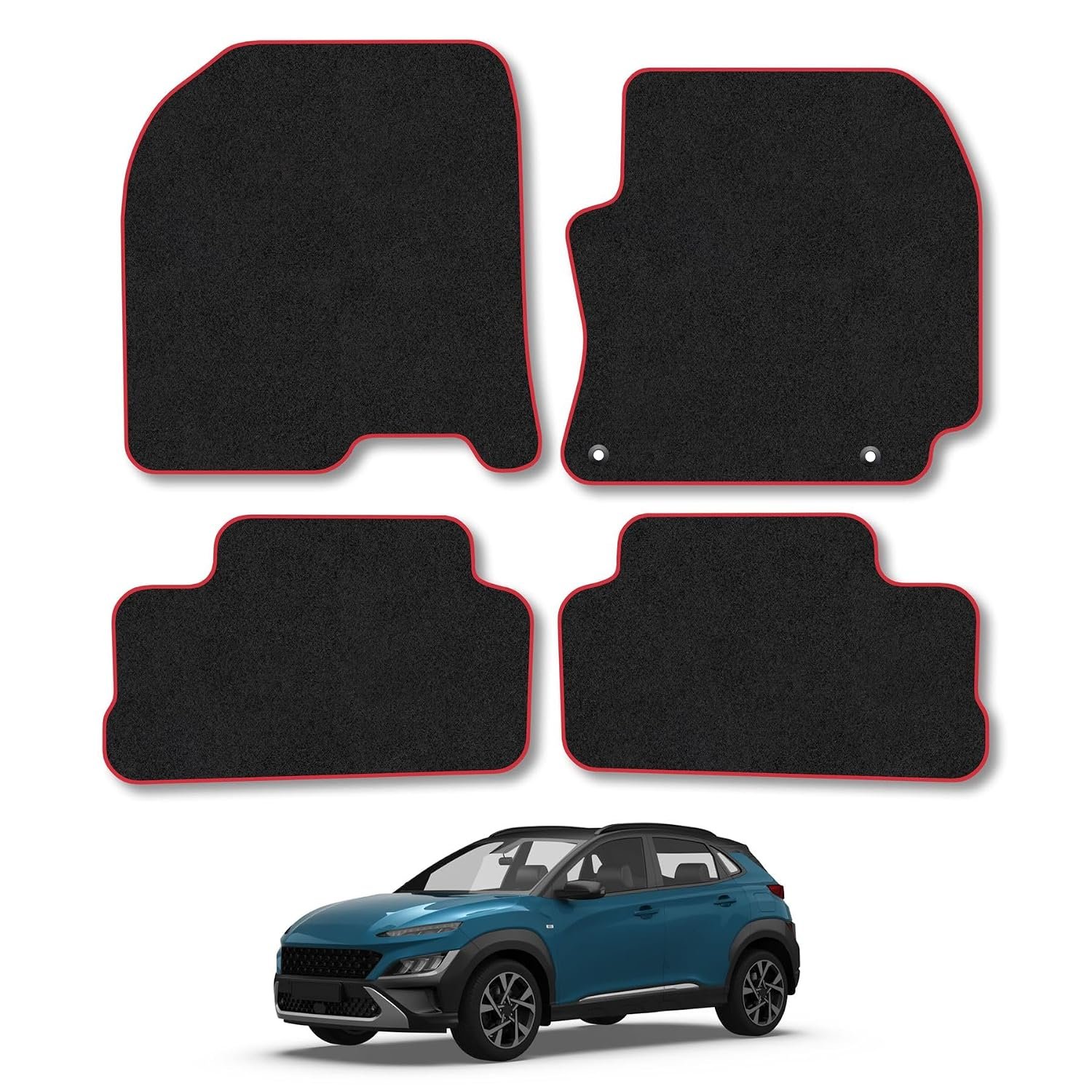 Hyundai Kona (2017-2023) Car Mats Accessories Tailored Fit Carpet Floor Mats Non Slip Red Trim Accessory Compatible Front Rear Set Anti Slip Backing Custom Fit Hand-Finished Full Coverage Clips