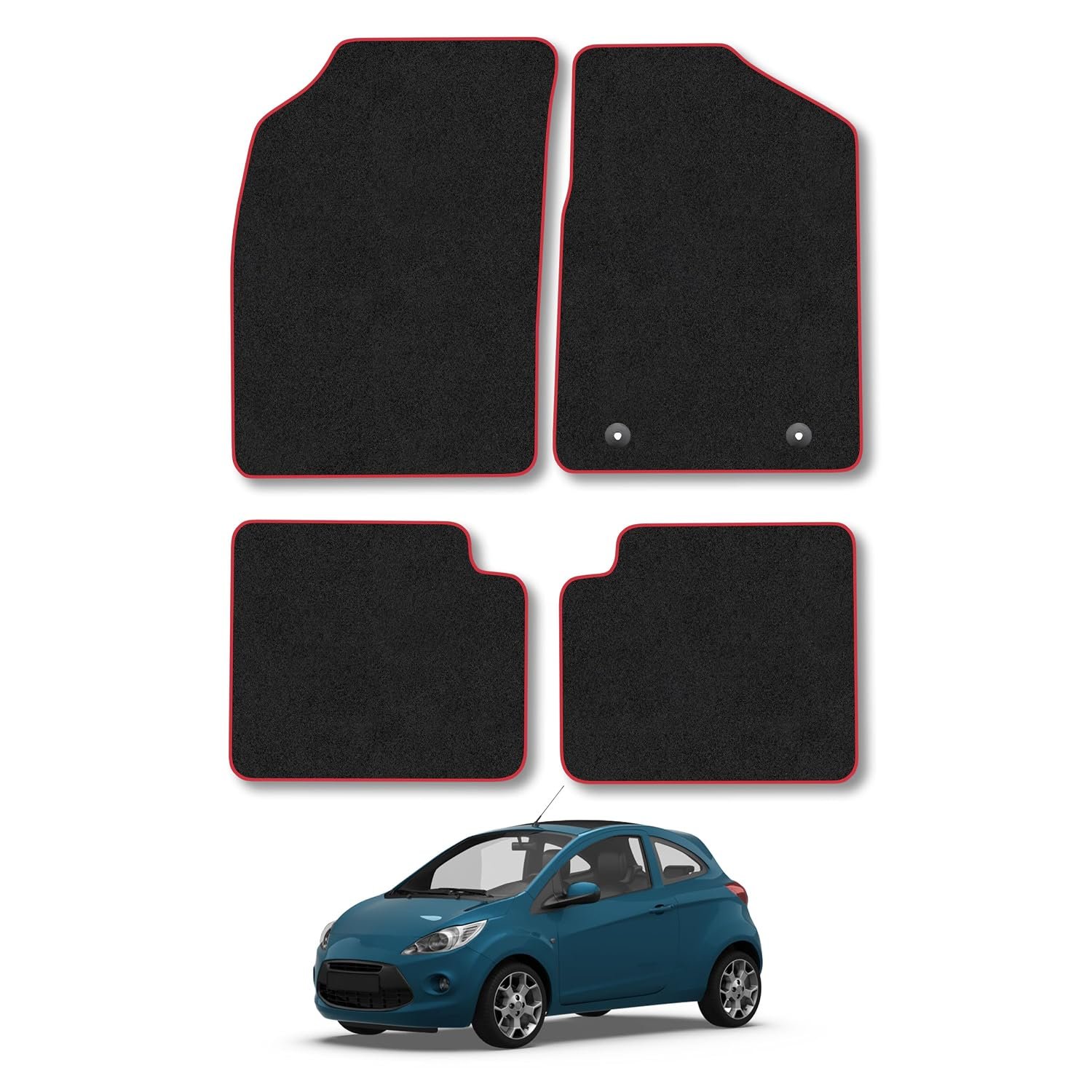 Ford Ka [2 Door] (2013-2020) Car Mats Accessories Tailored Fit Carpet Floor Mats Non Slip Red Trim Coverage Compatible Accessory Front Rear Set Anti Slip Granulated Backing Hand-Finished Clips