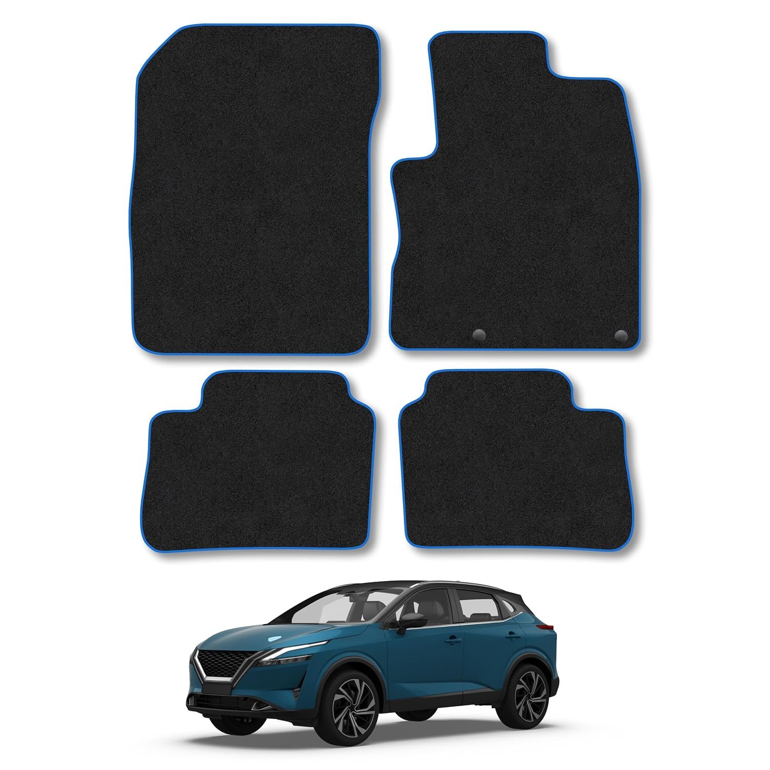 Nissan Qashqai E-Power (2022+) Car Mats Accessories Tailored Fit Carpet Floor Mats Non Slip Blue Trim Full Coverage Compatible Accessory Granulated Backing Front Rear Set Anti Slip Hand-Finished Clips