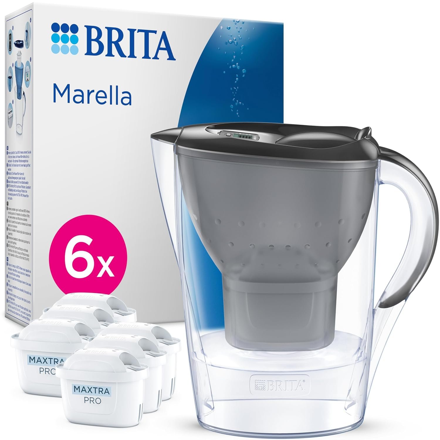 BRITA Marella Graphite Filter Decanter (2.4 L) incl. 6 MAXTRA PRO All-in-1 Water Filter Cartridges, Reduces PFAS, Lime, Chlorine, Certain Impurities and Metal Time Display, Eco Packaging
