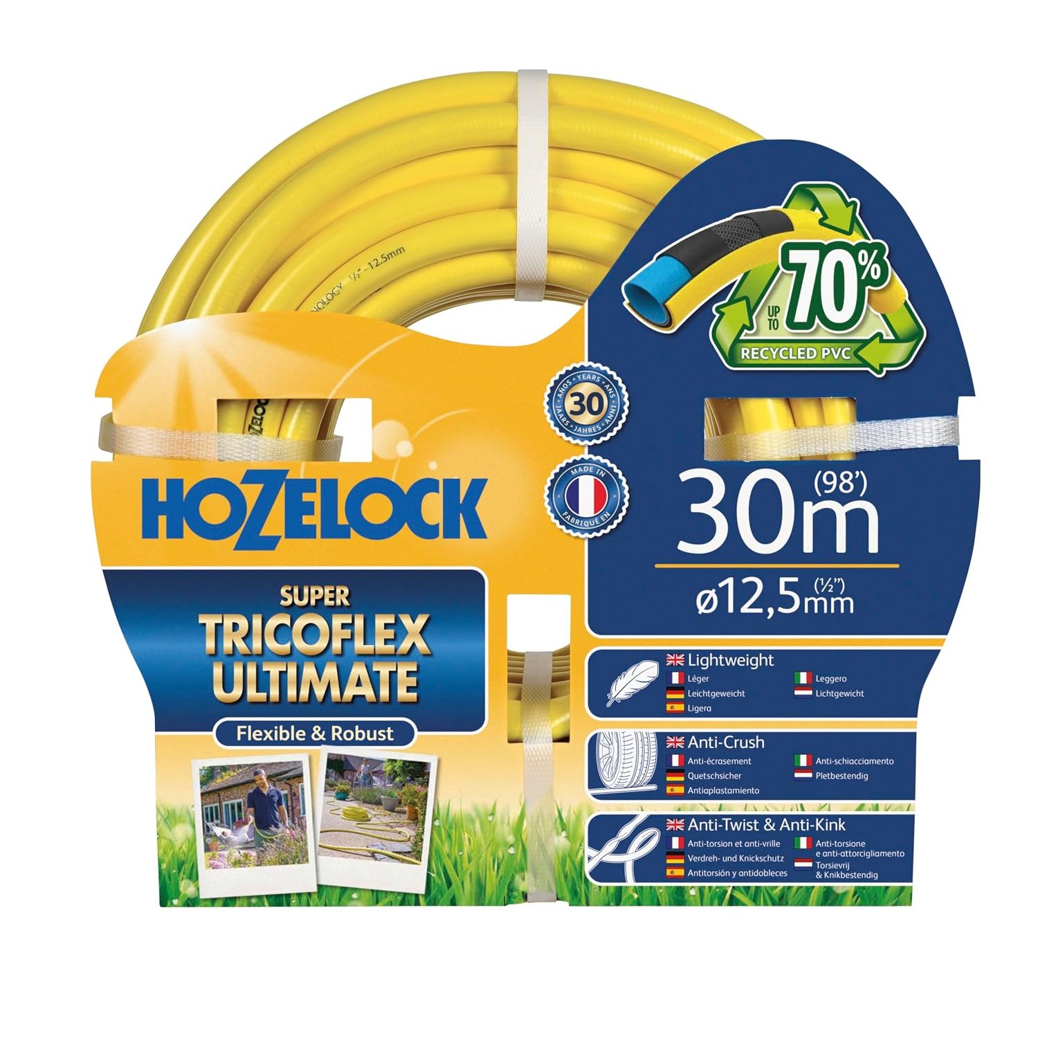 HOZELOCK - Ultimate Hose 12.5mm x 30m, Up To 70% Recycled PVC, Ultra-Light and Flexible, Re-Enforced PVC Layering, Anti-Twist and Anti-Crush Technology [7830P0000], Yellow