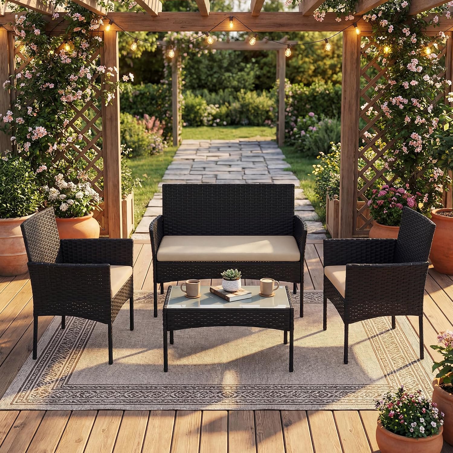 SONGMICS Garden Furniture Sets, Polyrattan Outdoor Patio Furniture, Conservatory PE Wicker Furniture, for Patio Balcony Backyard, Black and Taupe GGF002B01
