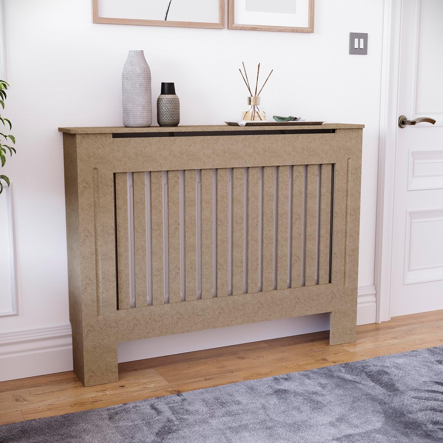 Vida Designs Chelsea Radiator Cover Unfinished - Medium - Modern Vertical Slat Design For Optimal Heat Circulation - H82xW112xD19cm - Unpainted MDF Cabinet Ideal For Living Room & Hallway