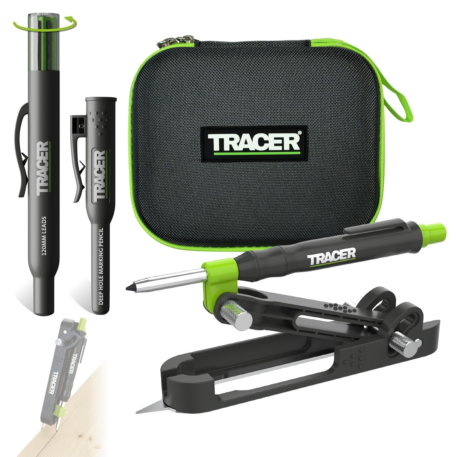 Tracer ProScribe Tool with Deep Hole Pencil, Lead Holster and Carry Case (DIY, Woodworking, and Carpentry Multi-Function Scribe Tool)